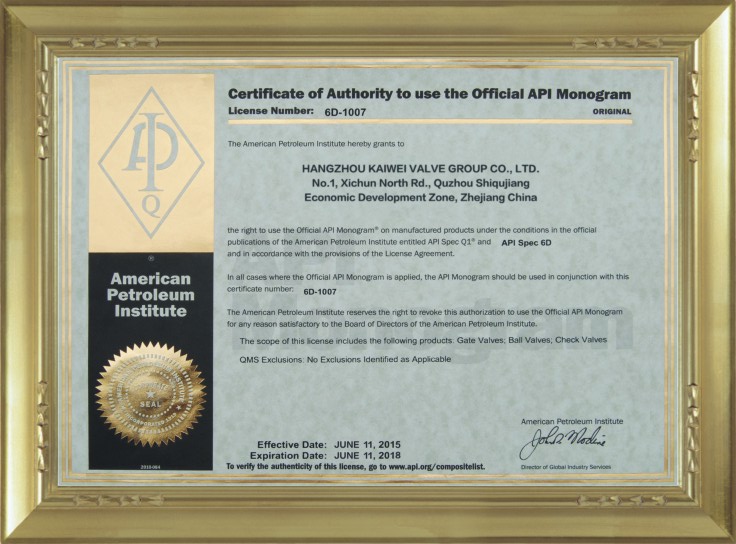 美国石油协会 API-6D 认证证书